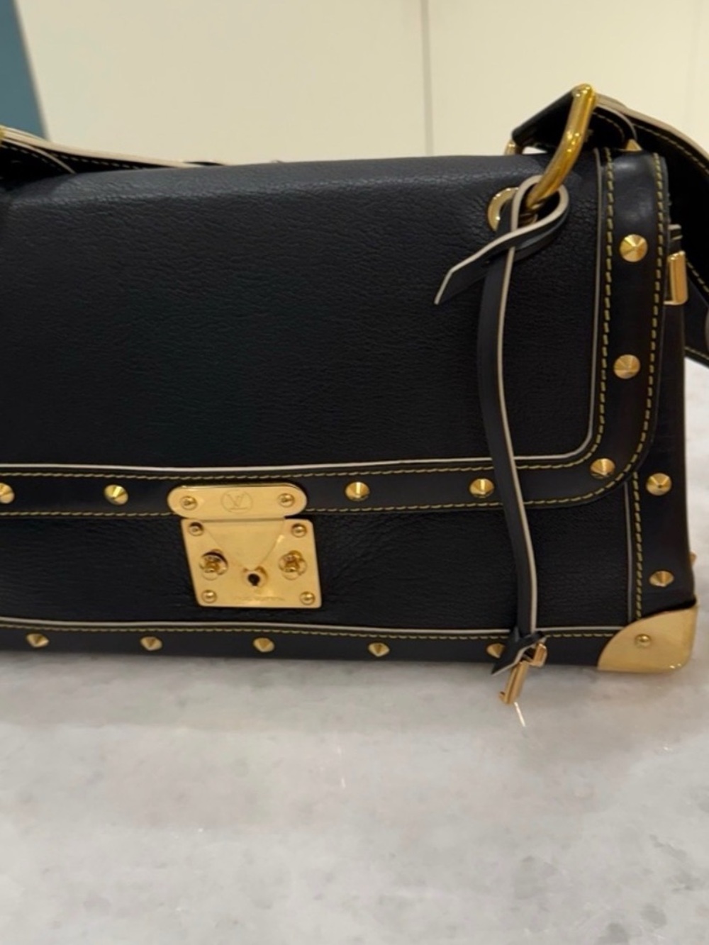 Louis Vuitton Black Leather Crossbody with Gold Hardware and Stud Accents - Picture 2 of 6